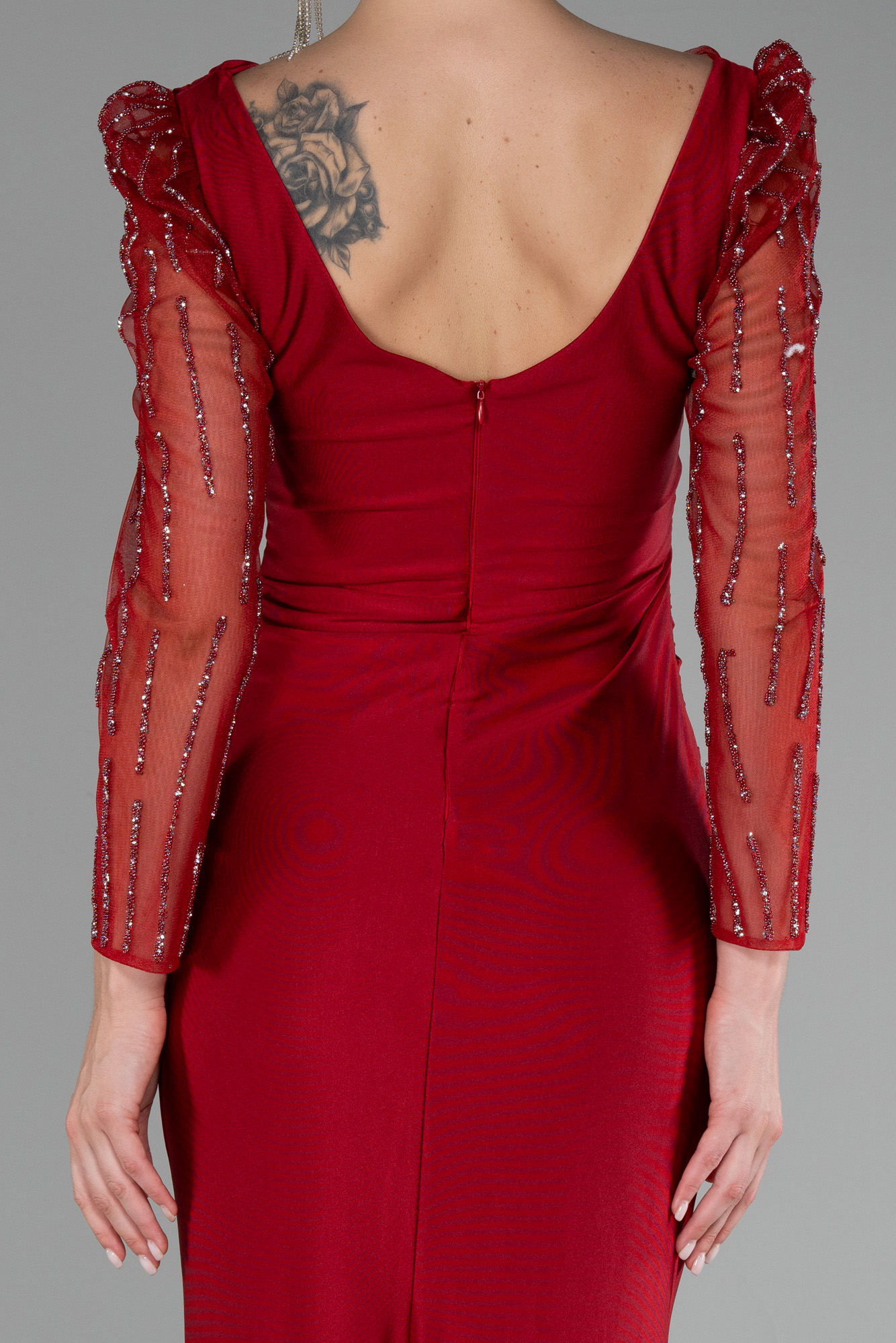 Kırmızı Taşlı Uzun Kol Yırtmaçlı Abiye Elbise ABU4117 - Görsel 4