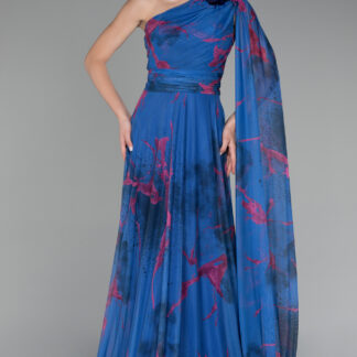 Saks Mavi Şallı Tek Omuz Empirme Uzun Mezuniyet Elbisesi ABU3773