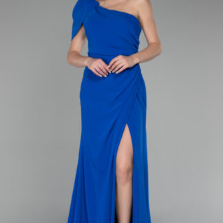 Saks Mavi Tek Omuz Bacak Dekolte Uzun Şifon Balık Abiye ABU4091