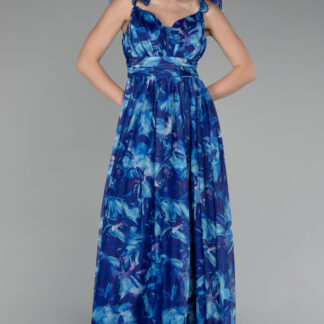 Saks Mavi Askılı Empirme Baskı Uzun Abiye Elbise ABU4134