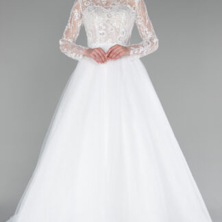 Ekru Uzun Kol İşlemeli Simli Büyük Beden Helen Gelinlik ABG096