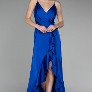 Saks Mavi Önü Kısa Arkası Uzun Saten Mezuniyet Elbisesi ABO119