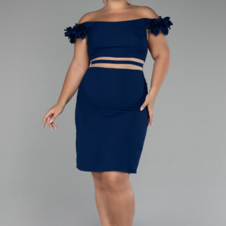 Lacivert Kayık Yaka Kısa Büyük Beden Davet Elbisesi ABK2121