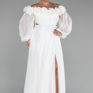 Ekru Çiçekli Kayık Yaka Uzun Kol Şifon Büyük Beden Abiye ABU4131