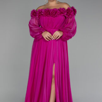 Fuşya Kayık Yaka Uzun Kol Şifon Büyük Beden Abiye ABU4131