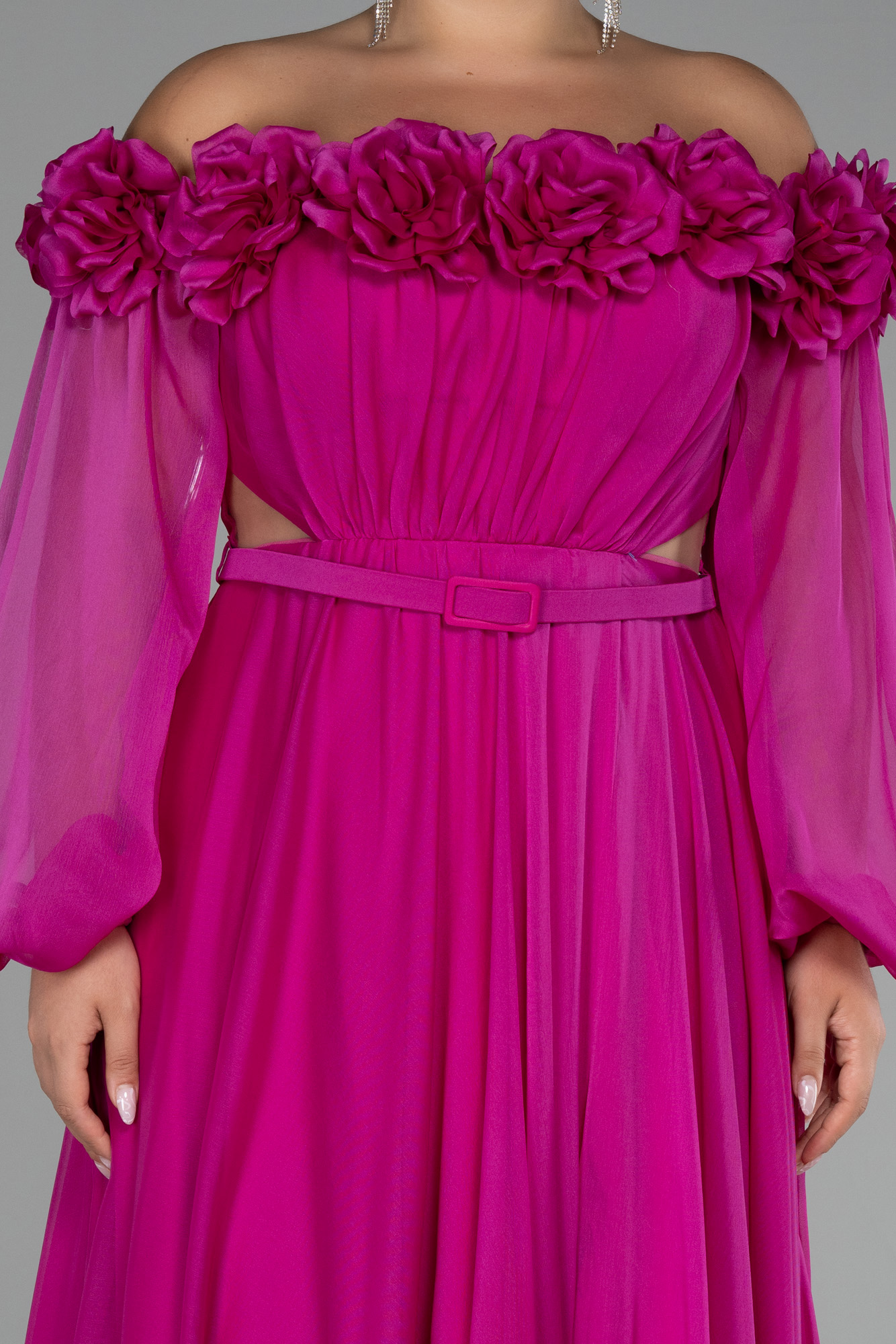 Fuşya Kayık Yaka Uzun Kol Şifon Büyük Beden Abiye ABU4131 - Görsel 3