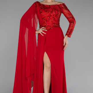 Kırmızı İşlemeli Tek Kol Şallı Yırtmaçlı Abiye Elbise ABU3511