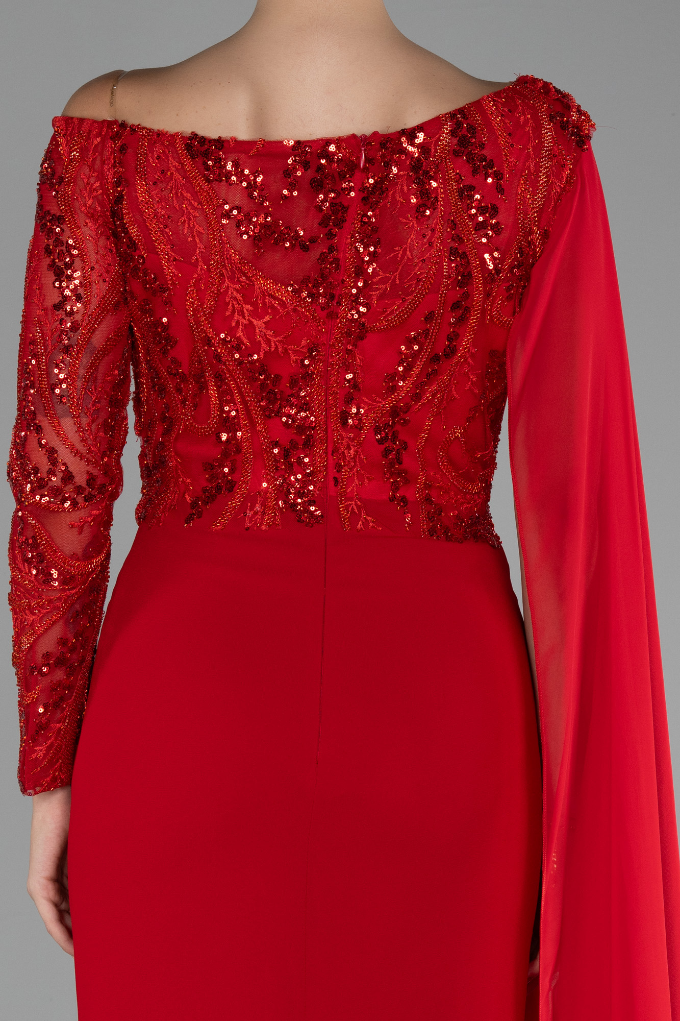 Kırmızı İşlemeli Tek Kol Şallı Yırtmaçlı Abiye Elbise ABU3511 - Görsel 4