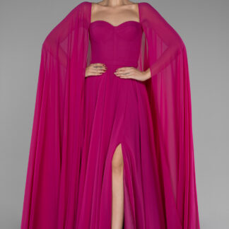 Fuşya Straplez Şal Kol Yırtmaçlı Uzun Şifon Abiye ABU4158