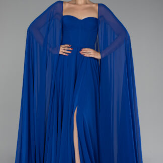 Saks Mavi Straplez Şal Kol Yırtmaçlı Uzun Şifon Abiye ABU4158