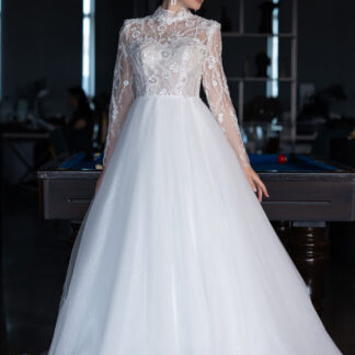 Ekru Uzun Kol İşlemeli Simli Helen Gelinlik ABG095