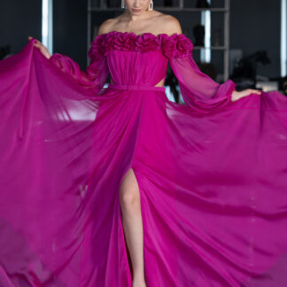 Fuşya Çiçekli Kayık Yaka Yırtmaçlı Uzun Şifon Abiye ABU4130