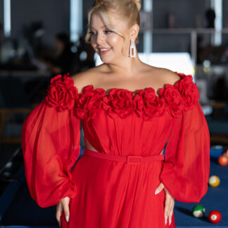 Kırmızı Kayık Yaka Uzun Kol Şifon Büyük Beden Abiye ABU4131