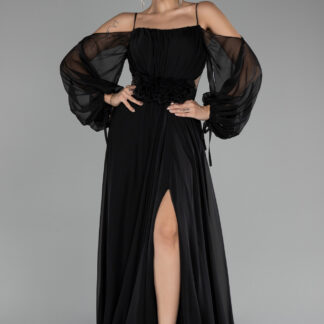 Siyah Bacak Ve Omuz Dekolteli Uzun Kol Şifon Abiye ABU4165