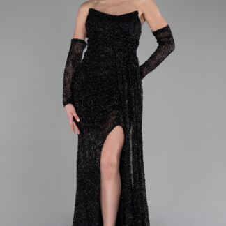 Siyah Straplez Yırtmaçlı Uzun Boncuklu Abiye ABU4163