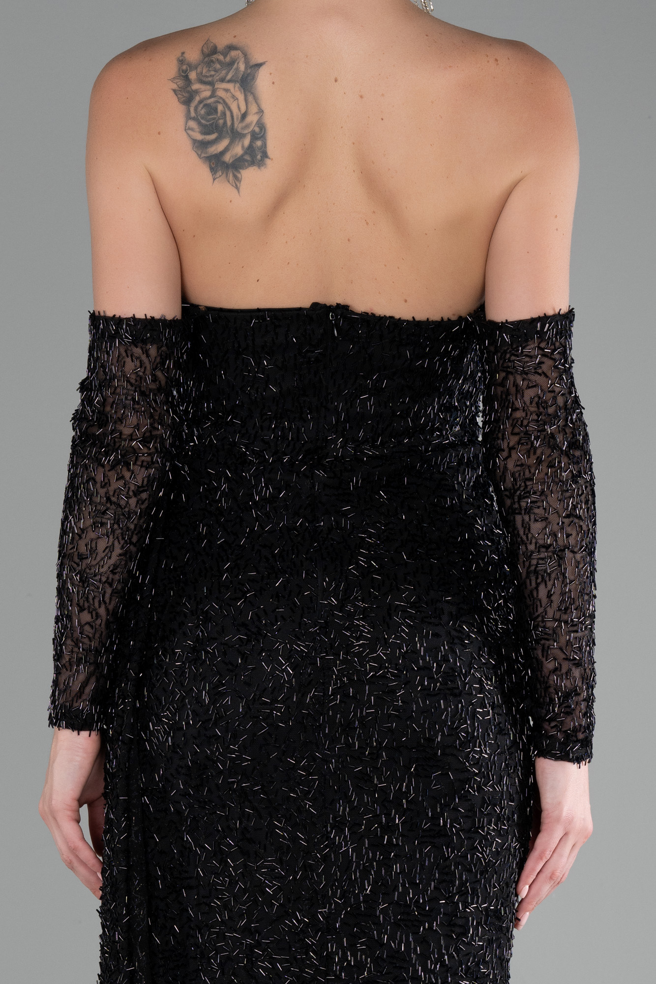 Siyah Straplez Yırtmaçlı Uzun Boncuklu Abiye ABU4163 - Görsel 4