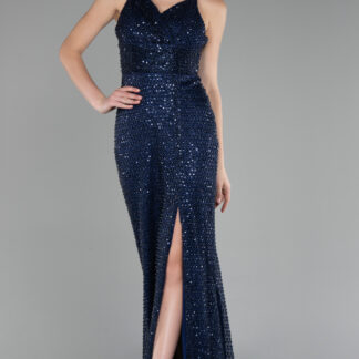 Lacivert Bacak Ve Sırt Dekolteli Uzun Taşlı Abiye ABU4164