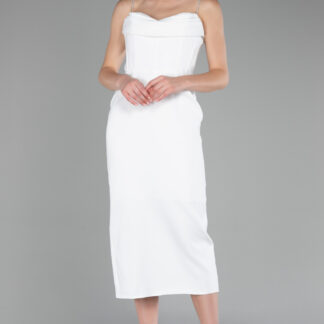 Ekru Askılı Balen Korse Detay Midi Davet Elbisesi ABK2129