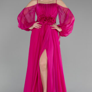 Fuşya Bacak Ve Omuz Dekolteli Uzun Kol Şifon Abiye ABU4165