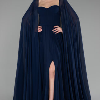 Lacivert Straplez Şal Kol Yırtmaçlı Uzun Şifon Abiye ABU4158