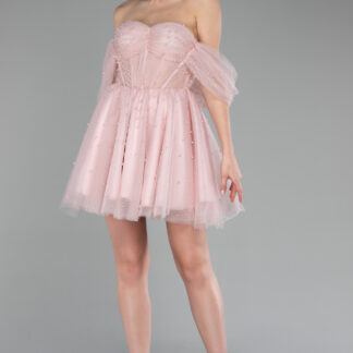 Pudra Kayık Yaka Boncuklu Kısa Abiye Elbisesi ABK2109