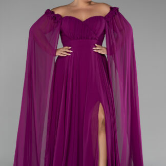 Violet Kayık Yaka Uzun Şifon Büyük Beden Abiye ABU3464
