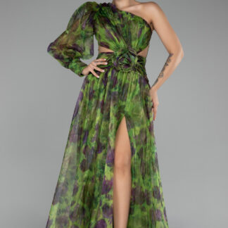 Yeşil Tek Kol Bacak Dekolteli Desenli Uzun Abiye ABU4206