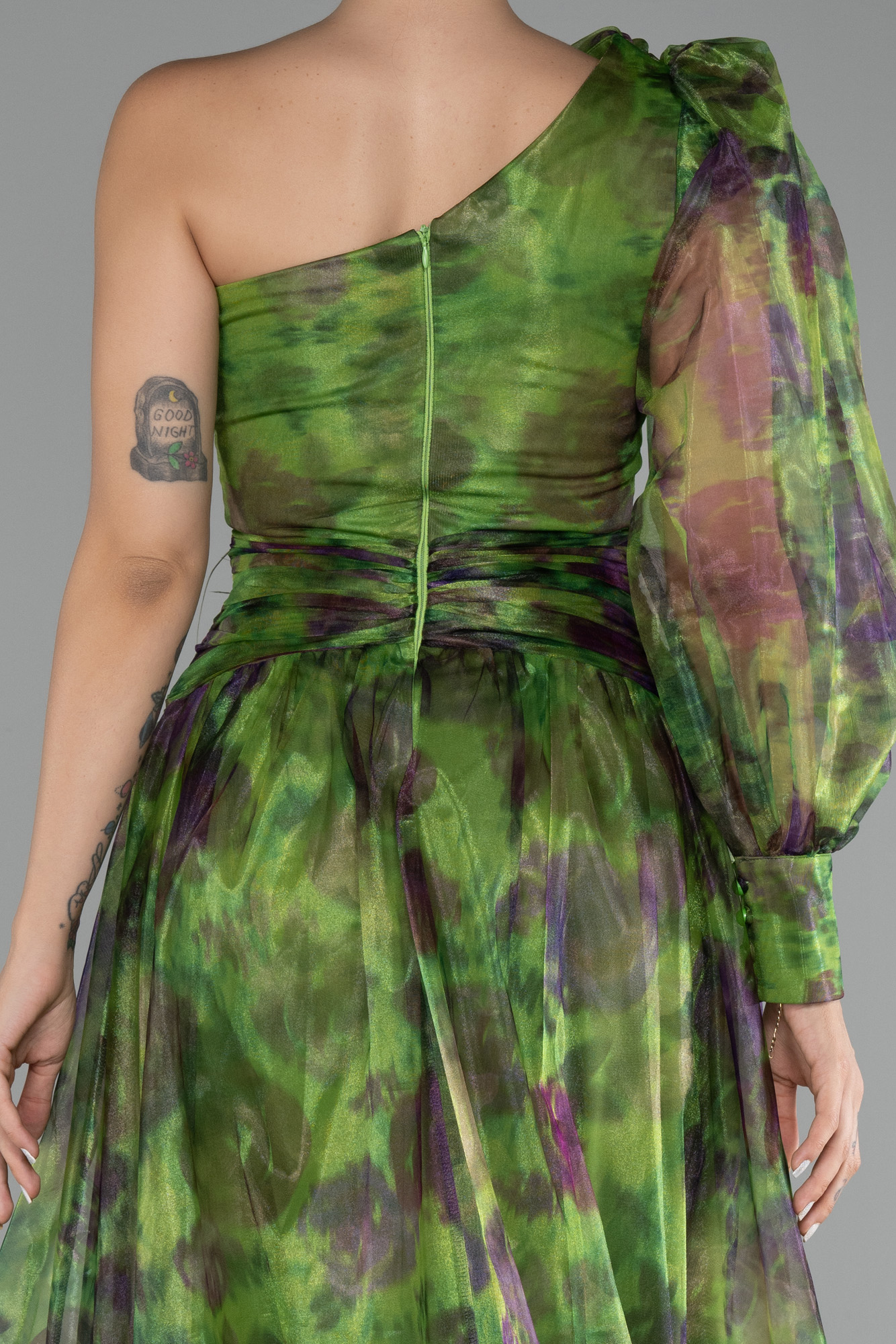 Yeşil Tek Kol Bacak Dekolteli Desenli Uzun Abiye ABU4206 - Görsel 4