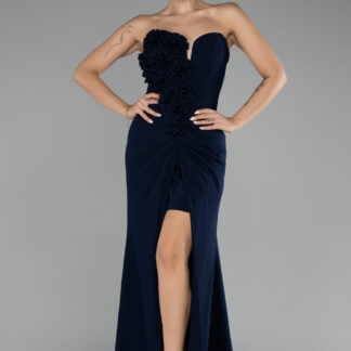 Lacivert Straplez Bacak Dekolteli Uzun Abiye Elbise ABU4213