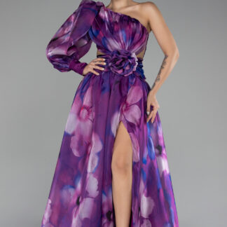 Mor Tek Kol Bacak Dekolteli Uzun Saten Abiye ABU4208