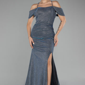 İndigo Bacak Dekolteli Uzun Simli Abiye Elbise ABU4212