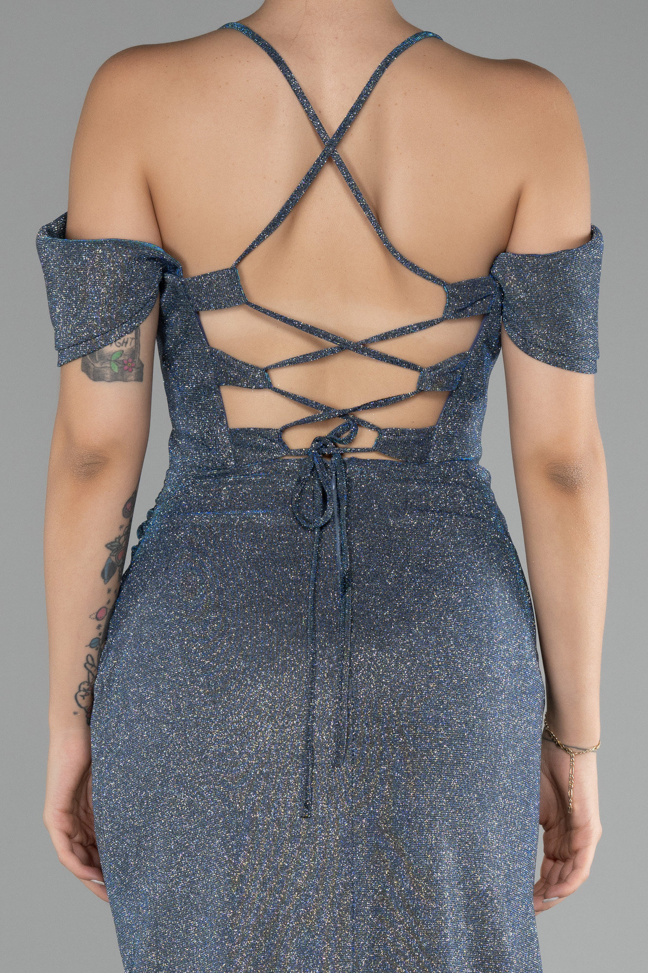 İndigo Bacak Dekolteli Uzun Simli Abiye Elbise ABU4212 - Görsel 4