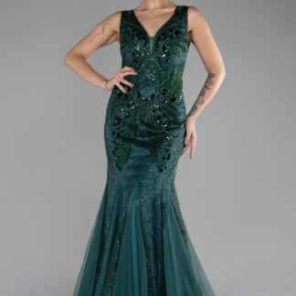 Zümrüt Yeşili Kolsuz İşlemeli Uzun Özel Tasarım Abiye ABU4170