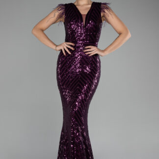 Mürdüm Uzun Pul İşlemeli Otrişli Abiye Elbise ABU881