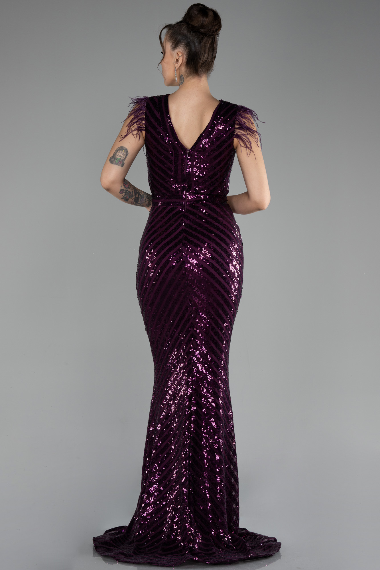 Mürdüm Uzun Pul İşlemeli Otrişli Abiye Elbise ABU881 - Görsel 2