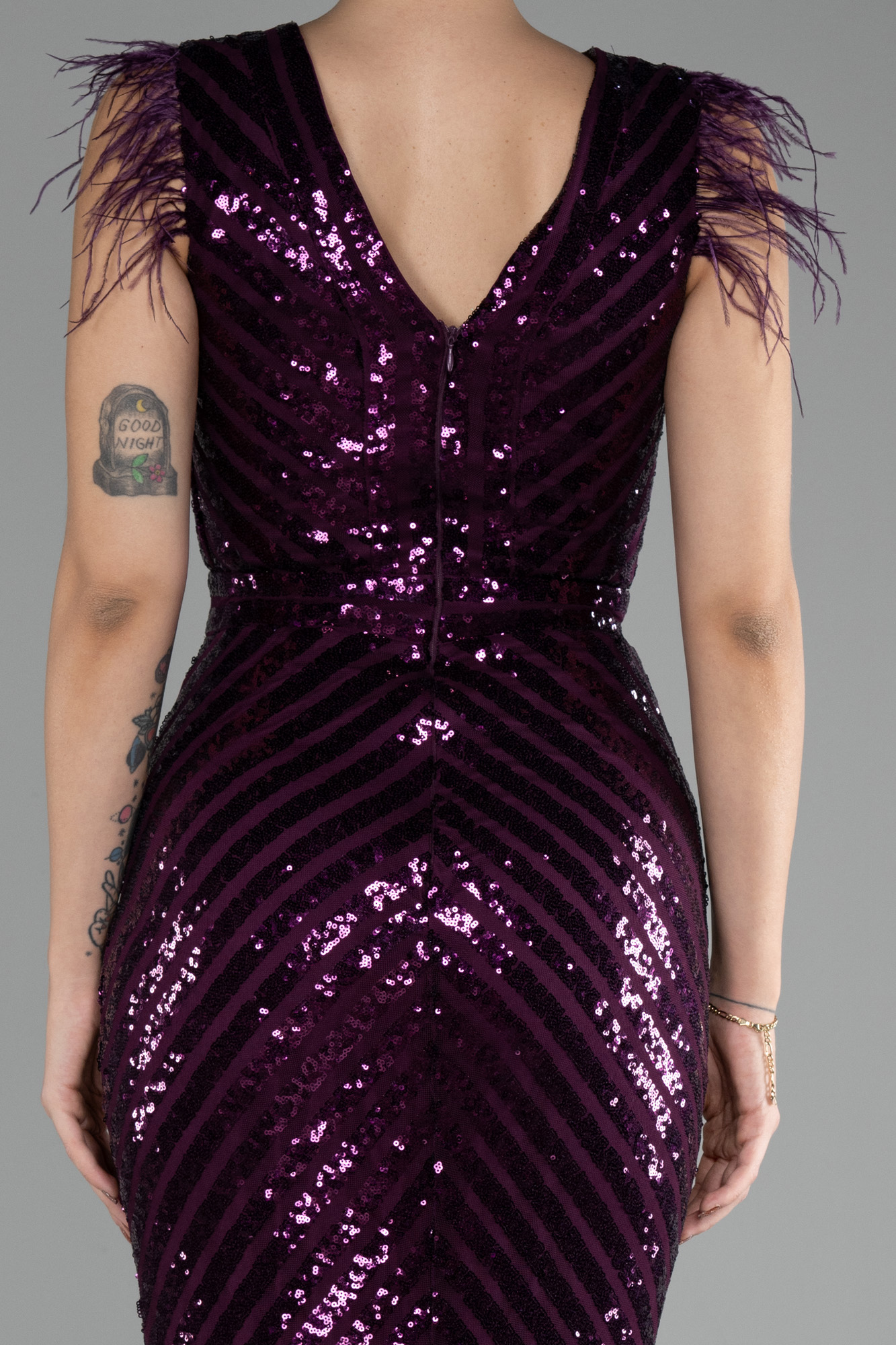 Mürdüm Uzun Pul İşlemeli Otrişli Abiye Elbise ABU881 - Görsel 4