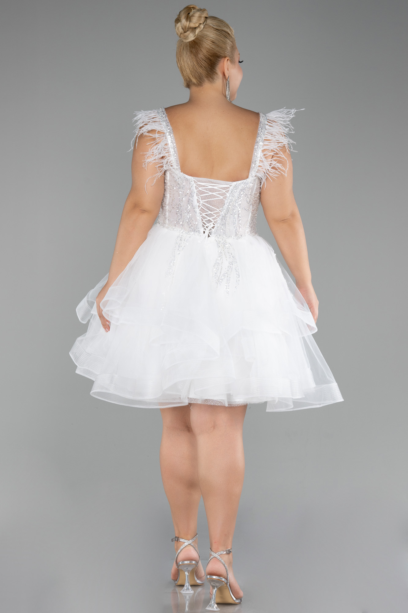 Ekru Üstü İşlemeli Balen Korse Kısa Büyük Beden Abiye ABK2087 - Görsel 2