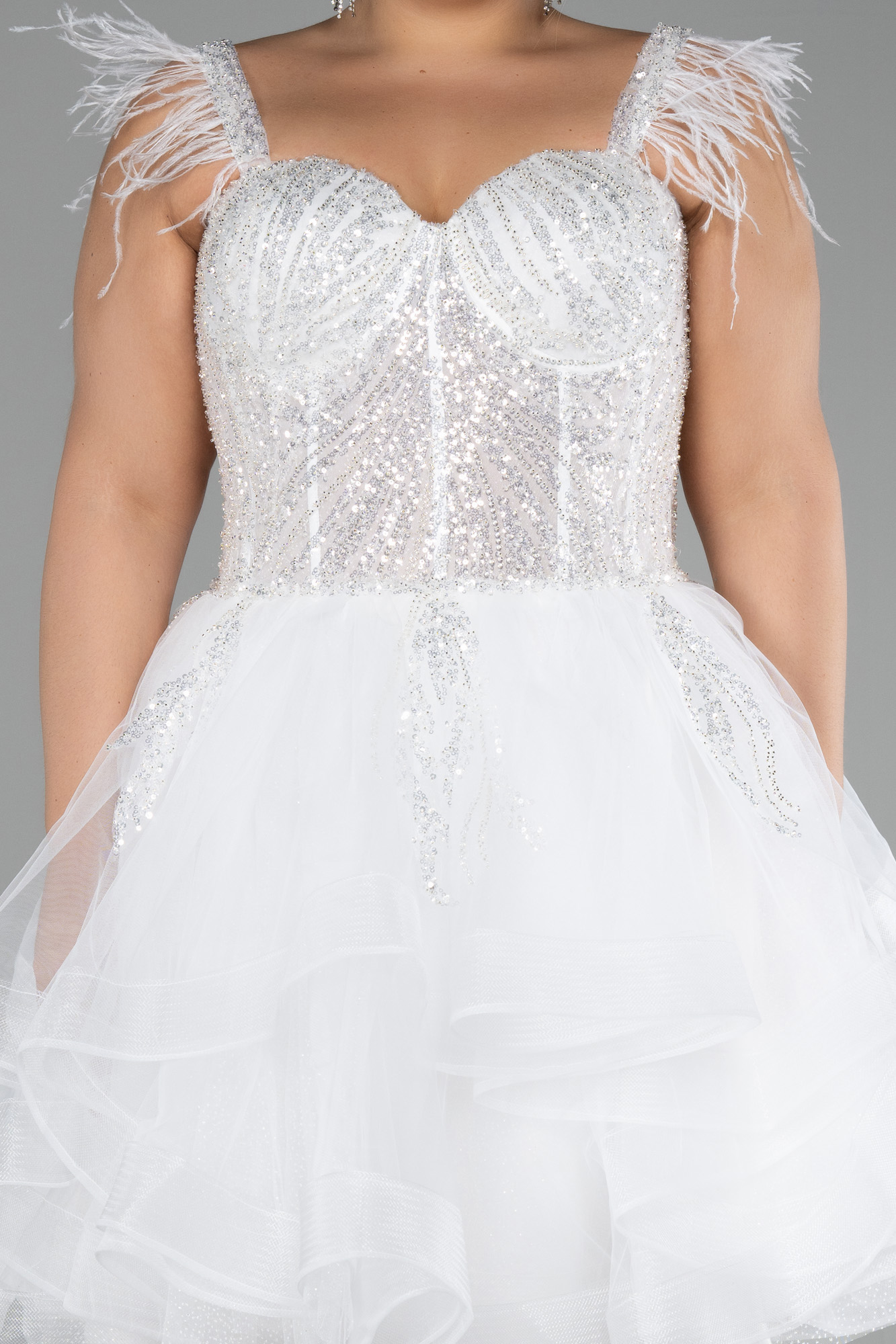 Ekru Üstü İşlemeli Balen Korse Kısa Büyük Beden Abiye ABK2087 - Görsel 3