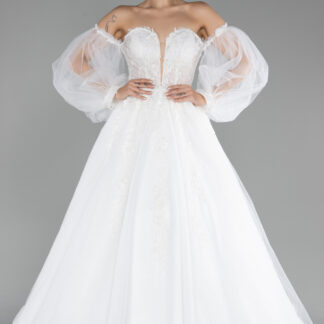 Ekru İşlemeli Straplez Uzun Simli Büyük Beden Gelinlik ABG112