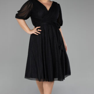 Siyah Kısa Kol Simli Midi Büyük Beden Davet Elbisesi ABK2135