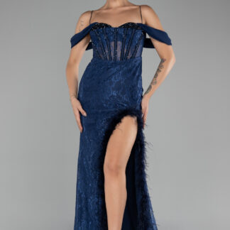 Lacivert Kayık Yaka Balen Korse Yırmaç Uzun Dantel Abiye ABU4270