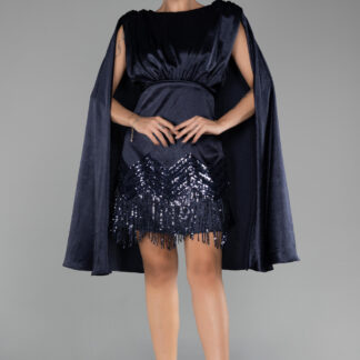 Lacivert Eteği Püsküllü Pelerin Kol Kısa Davet Elbisesi ABK2152