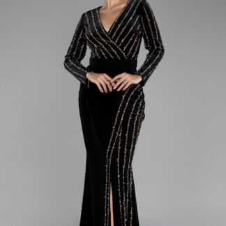 Siyah Taşlı Uzun Kol Kadife Abiye Elbise ABU4282