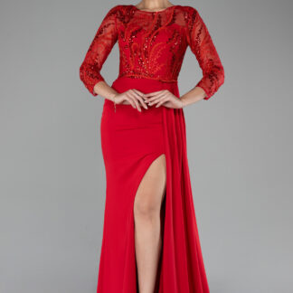 Kırmızı İşlemeli Kapri Kol Uzun Şifon Abiye Elbise ABU4293