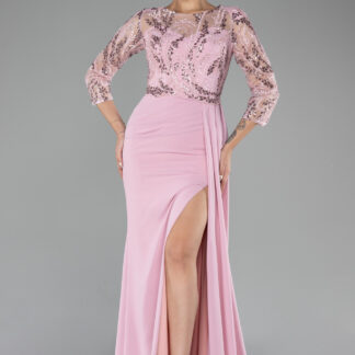 Pudra İşlemeli Kapri Kol Uzun Şifon Abiye Elbise ABU4293