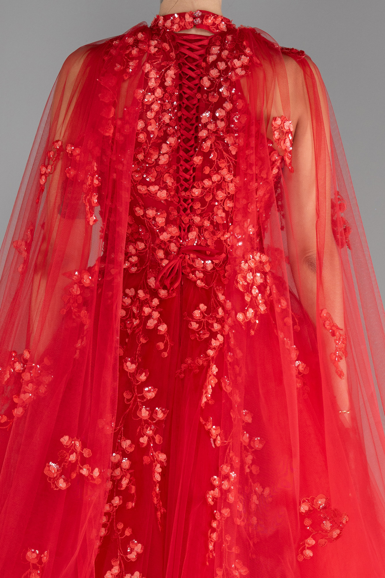 Kırmızı Halter Yaka Pelerin Kol Uzun Kına Elbisesi ABU4289 - Görsel 5