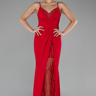 Kırmızı Taşlı Bacak Dekolteli Uzun Abiye Elbise ABU4299