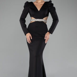 Siyah Uzun Kol V Yaka Cut Out Balık Abiye Elbise ABU4297