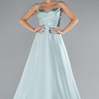 Mint Uzun İp Askılı Saten Abiye Elbise ABU1601