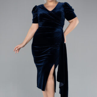 Lacivert Kısa Kol V Yaka Midi Kadife Büyük Beden Abiye ABK2163